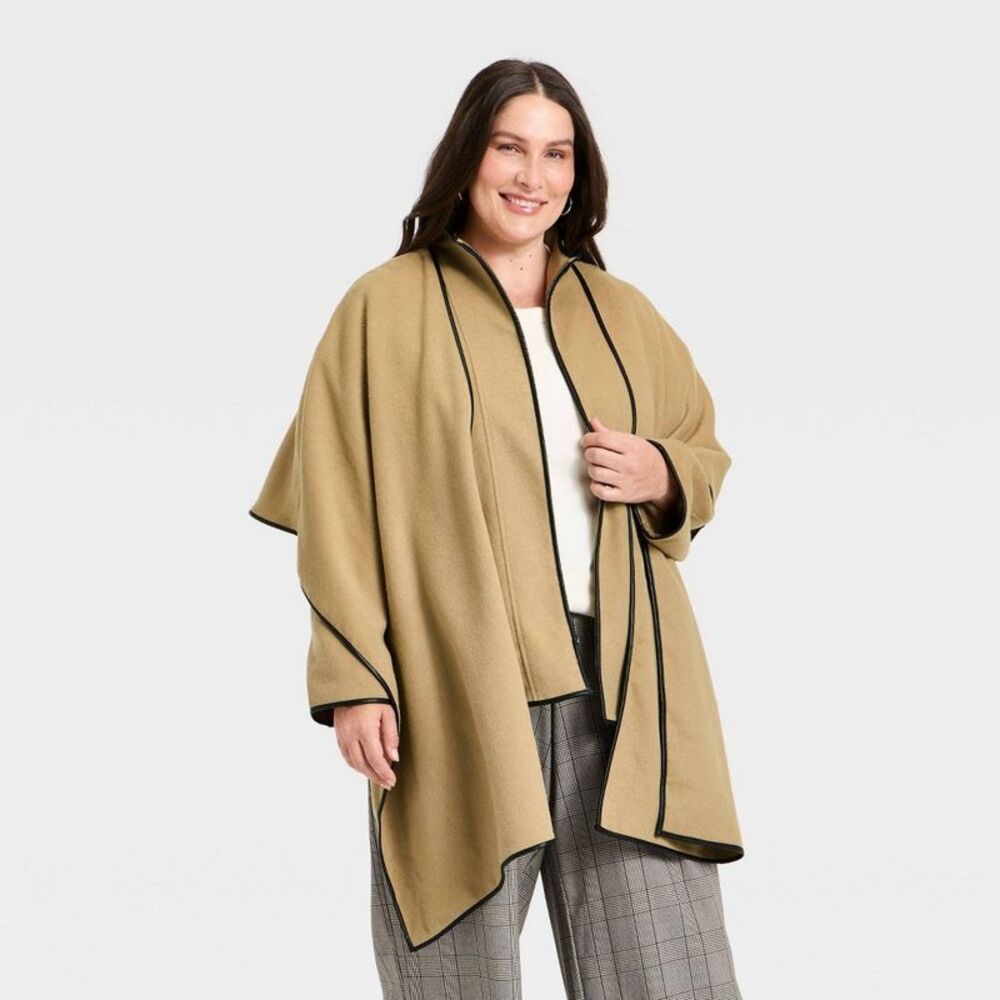 Women's Faux Wool Scarf Coat - A New Day Light Brown 3X
